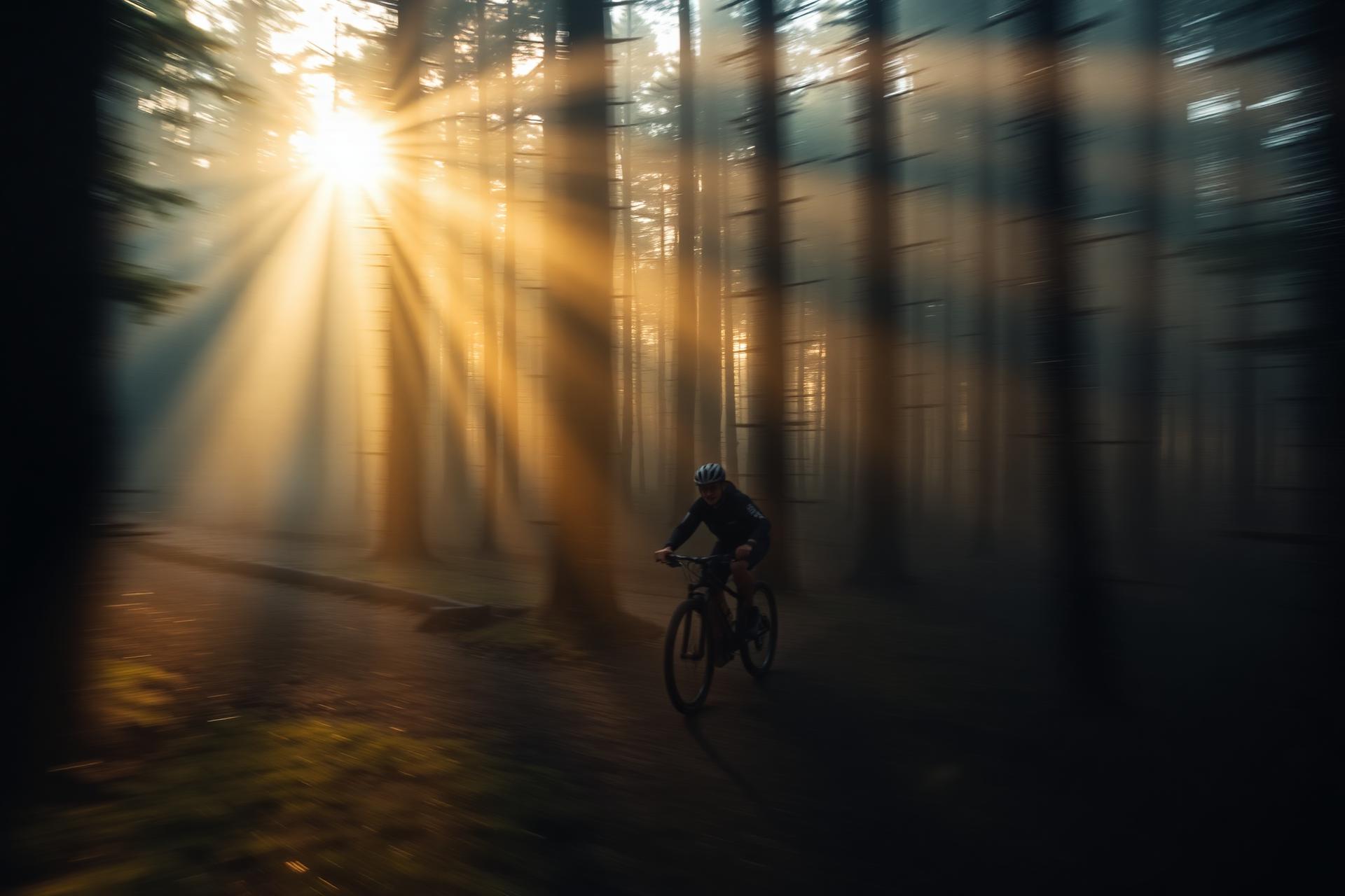 Ciclista pedalando em trilha na floresta ao amanhecer